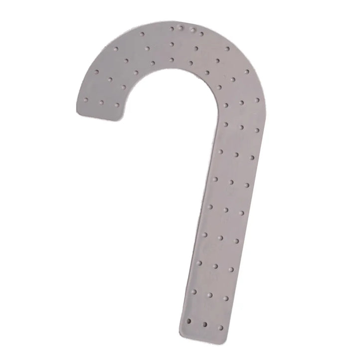 The 20 Cane Wreath Form is a gray plastic, cane-shaped piece with evenly spaced holes, perfect as a pegboard accessory or for creating custom wreaths and securing mesh using zip ties.