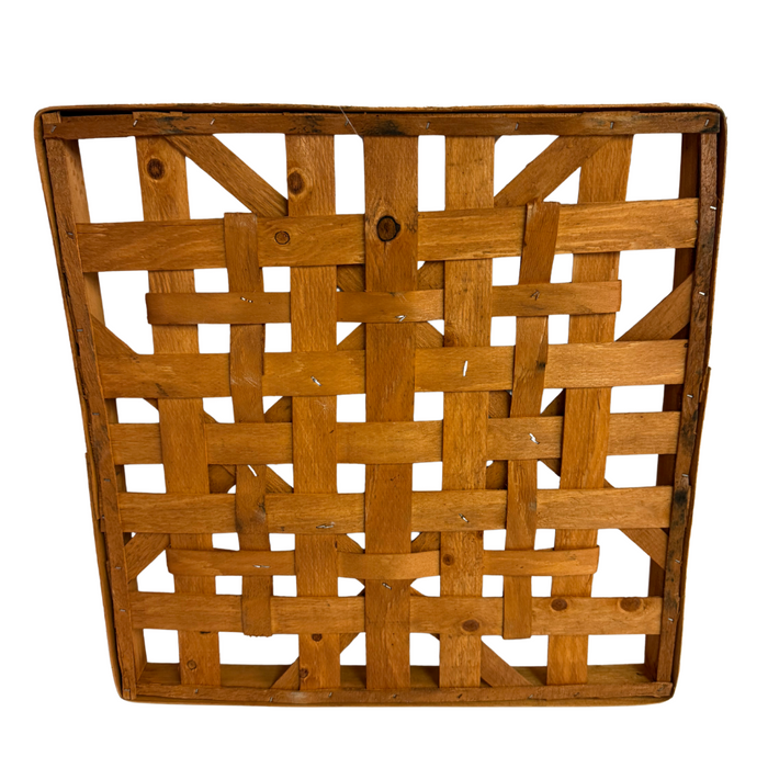 The 16 Brown Wash Woven Frame Square M10557 is a square wooden basket tray featuring a sturdy brown frame and a woven lattice pattern of flat, overlapping wooden strips, displayed against a white background.