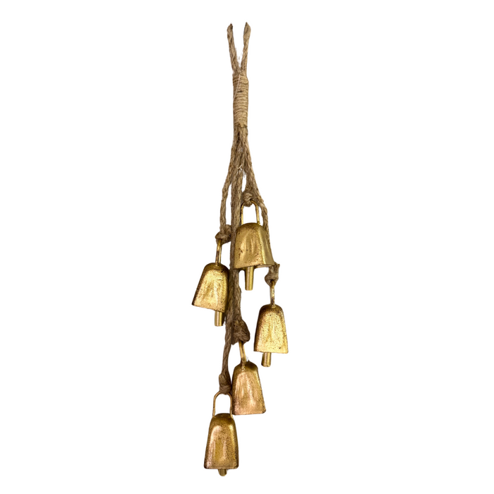 The 3 by 1.5 Gold Mini Cow Bell String M32503 features six small gold cow bells hanging from twisted natural rope, creating a charming accent against a plain white background.