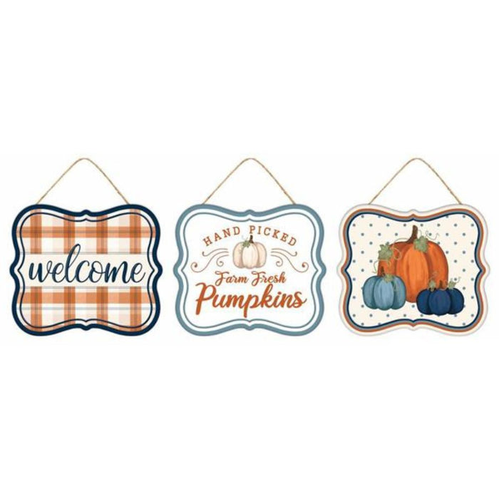 3 Assorted 7"Lx6"H Tin Matte Fall Signs Autumn/Navy/Smoke Blue MD1206A1