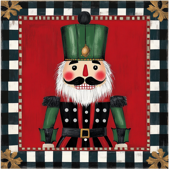 The 10 x 10 Red & Green Nutcracker with Black/White Check Border (TTE-026) features a painted nutcracker in a green uniform against a red background, accented with a checkered black-and-white frame—ideal for festive holiday décor.