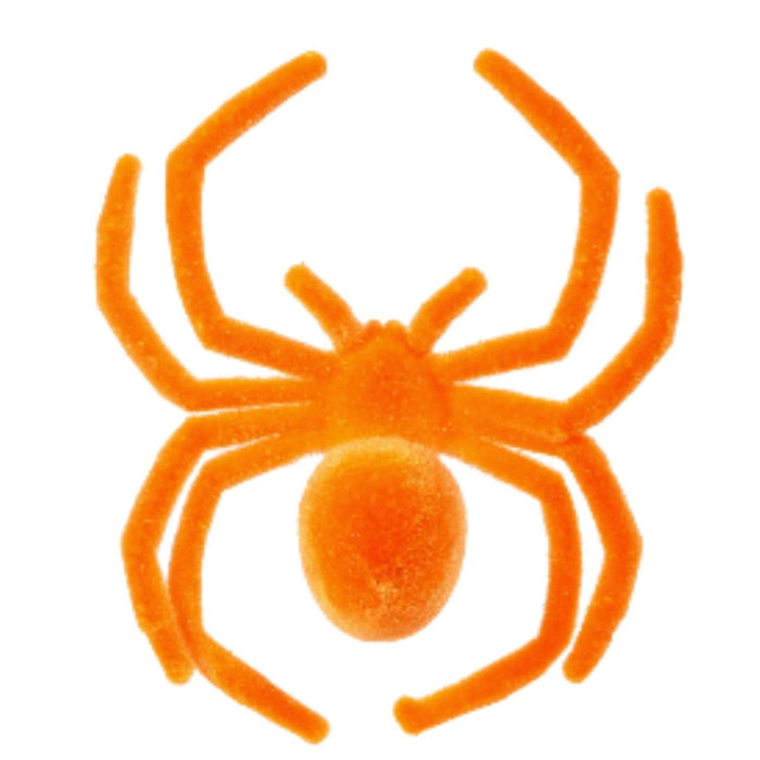 A 6.75" flocked orange spider (product 4540845) is shown as a Halloween decoration on a white background.