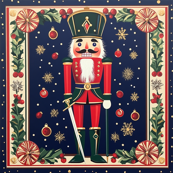 The 10 x 10 Red Nutcracker with Sword Sign (TTE-015) features a festive nutcracker in red and green, surrounded by holly, ornaments, candy, and snowflakes on a dark blue background—perfect for Christmas decor.