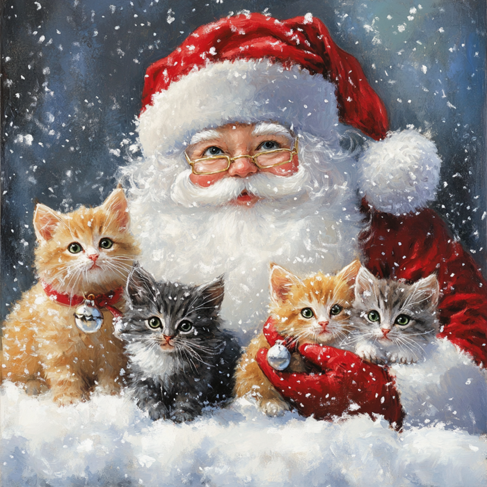 Santa with 4 Kittens Sign TTE-020 (10 x 10) shows Santa cheerfully holding four kittens in the snow, each wearing a bell. This charming metal sign is perfect for adding festive warmth to your holiday décor.