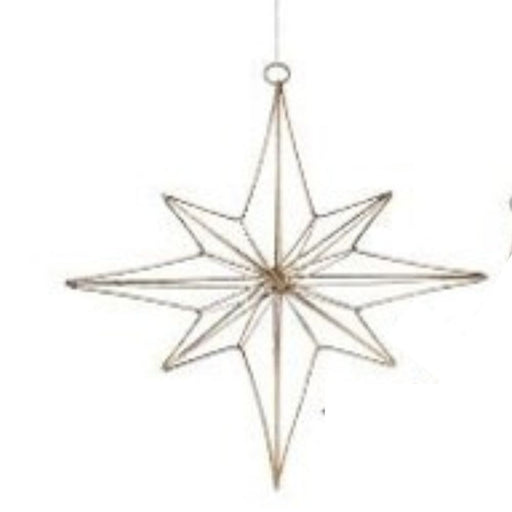 The 10 Wire Star Of Bethlehem Ornament MTX62198, featuring eight points and hanging by a thin string, is displayed against a white background.
