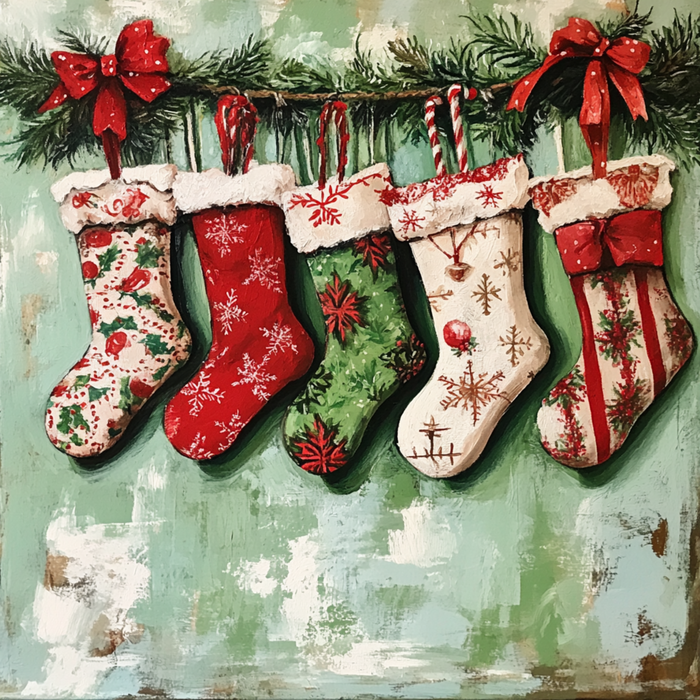 The 10 x 10 Classic Christmas Stockings Sign (TTE-003) features five red, green, and white stockings hanging from a pine garland with metal accents, red bows, and candy canes on a green background.