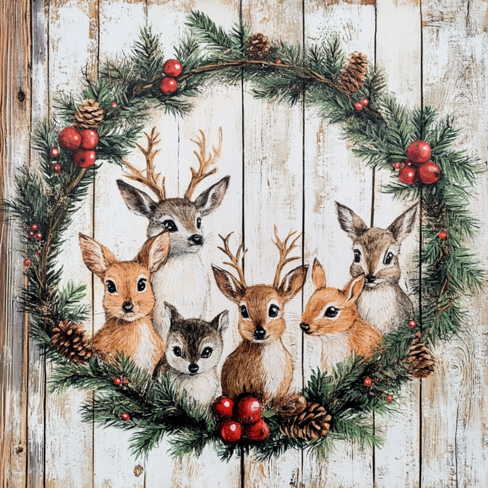 The 10 x 10 Winter Animals and Wreath Sign TTE-022 features six illustrated deer framed by pine branches, red berries, and pinecones on a rustic wooden background—perfect for festive winter décor.