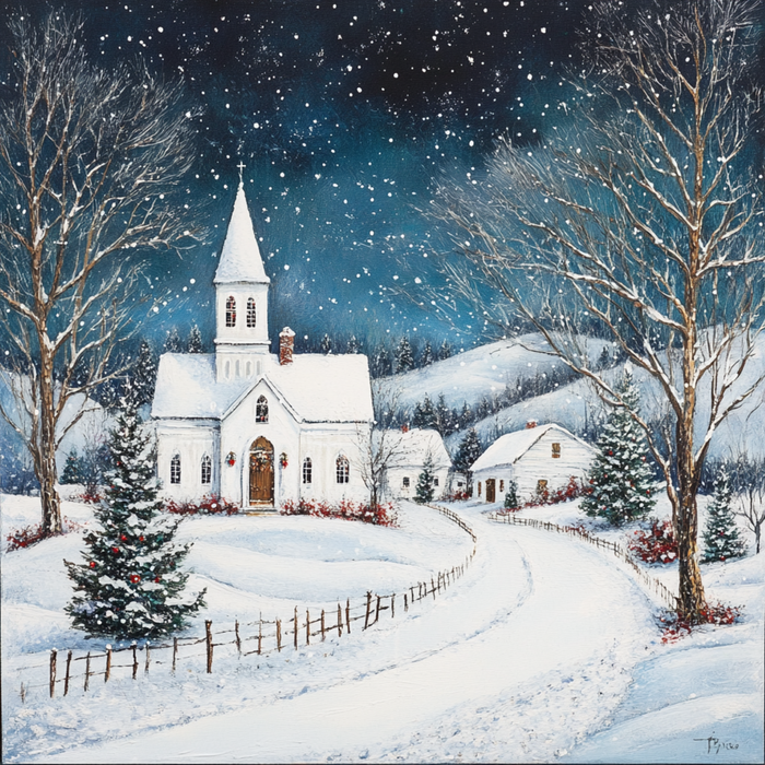 The 10 x 10 White Winter Church with Falling Snow Sign (TTE-007) shows a snowy night, featuring a church with a tall steeple, flanked by two houses and trees, all blanketed in snow beneath a dark, starry sky.