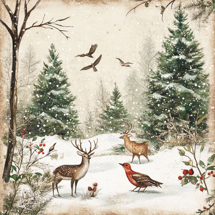 The 10 x 10 Winter Wildlife Scene Sign TTE-005 features snow falling on firs, two deer, a red-breasted bird on the ground, birds in flight above, and bright red berries among foreground bushes.