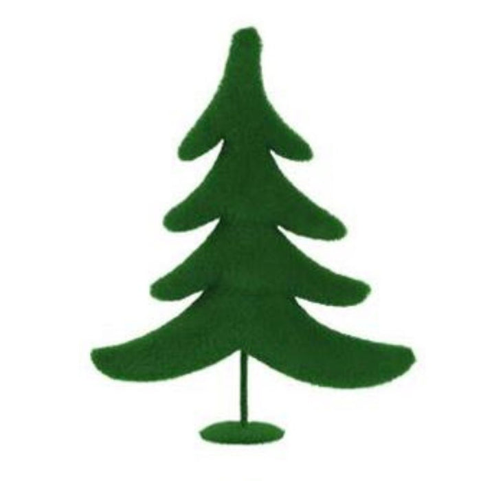 A minimalist and whimsical green pine tree design with a round base, featuring three tiers of branches, model number XT858699 from the 11"Hx8.5"L Flocked Whimsical Tree collection available in six assorted bright colors.