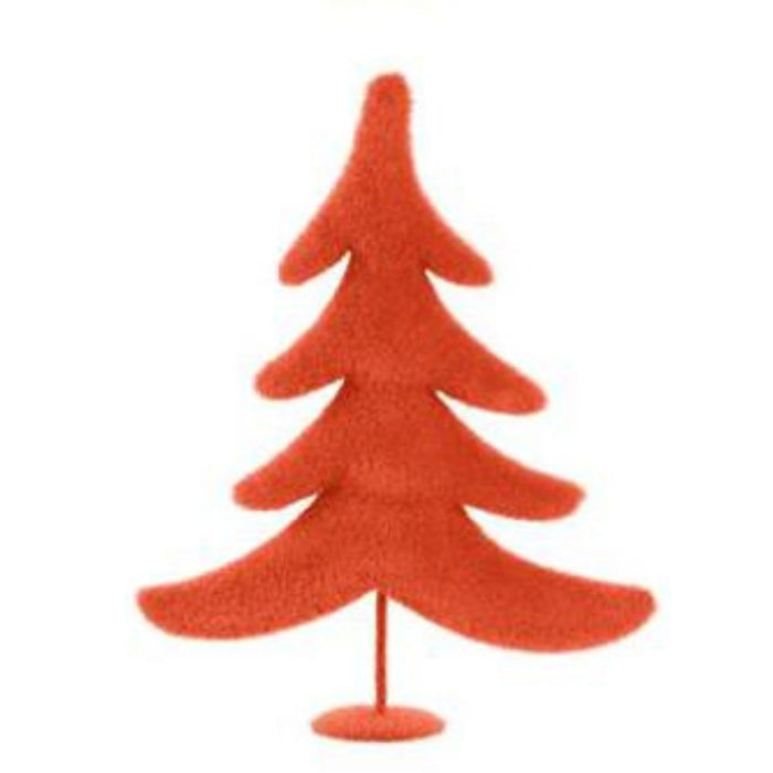 A stylized Christmas tree with a minimalistic design stands on a small base, featuring red flocked branches that are layered and curved. Its whimsical XT858699 style is beautifully highlighted against the white background.