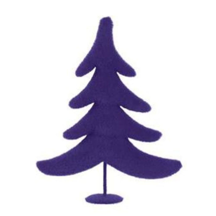 The 11"Hx8.5"L Flocked Whimsical Tree, available in six assorted bright colors, features a stylized and minimalist purple design with five layers of branches and a thin trunk on a white background, adding an element of unexpected delight to your holiday setting.