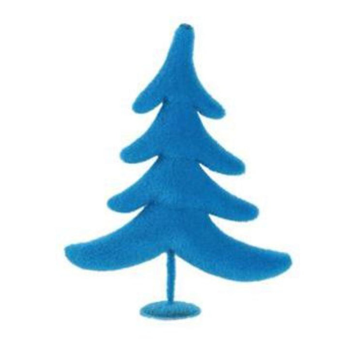 The 11"Hx8.5"L Flocked Whimsical Tree, available in six assorted bright colors (XT858699), is a small felt Christmas decoration. It features four layers of branches and a thin trunk, resting on a flat base to add a vibrant and stylized touch to your holiday decor.