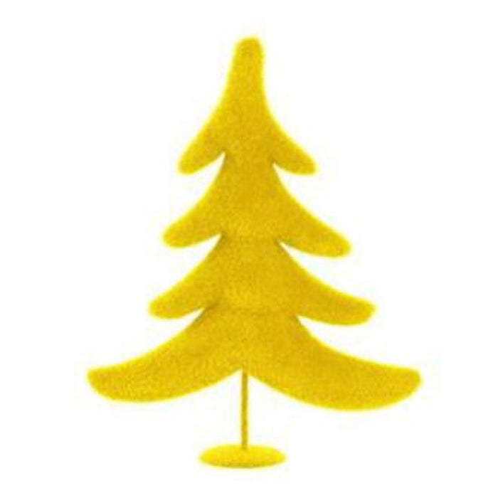 Introducing the 11"Hx8.5"L Flocked Whimsical Tree, featuring a soft, fuzzy texture in a delightful shade of yellow. This uniquely stylized Christmas tree displays simple, smooth branches and a round base set against a white background, echoing the playful charm of assorted bright colors from product XT858699.