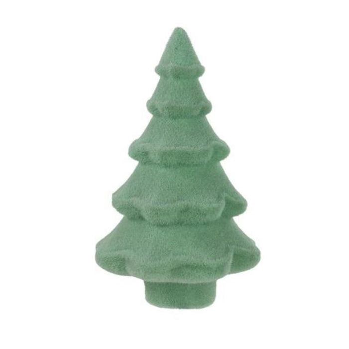 Product Name: 14"Hx9"Dia Flocked Full Tree, available in four assorted vintage colors (XT859297), resembles a small decorative Christmas tree crafted from sage green flocked material with layered, tiered branches and a simple conical shape.