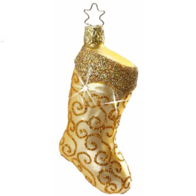 The Making Memories Christmas Stocking Ornament (1-052-11) from Inge-Glas Germany features glittery swirls, a sparkling cuff, a star-shaped hanger, and shimmers beautifully with Swarovski Elements.