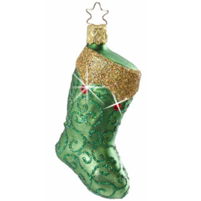 The Making Memories Christmas Stocking Ornament (1-052-11) by Inge-Glas Germany features glittery gold trim, swirling green patterns, a gold star-shaped hook, and sparkling Swarovski Elements.