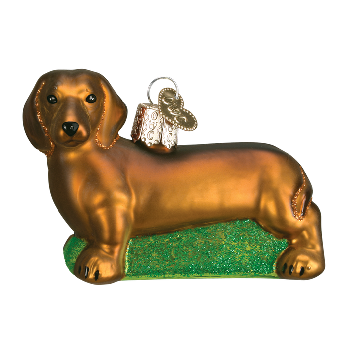 The Dachshund Dog Old World Christmas Ornament 12219 is hand-painted on mouth-blown glass, showcasing a brown dachshund on a green glittery base with a gold hook and decorative cap.
