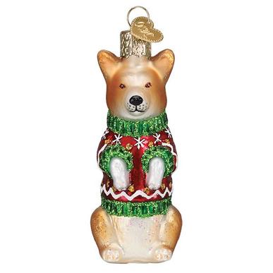 The Christmas Corgi Old World Christmas Ornament 12558 is a charming decoration, featuring a seated dog wearing a cheerful red and green sweater embellished with white snowflake designs. This hand-painted glass ornament sparkles beautifully, and is equipped with a gold loop on top for easy hanging.
