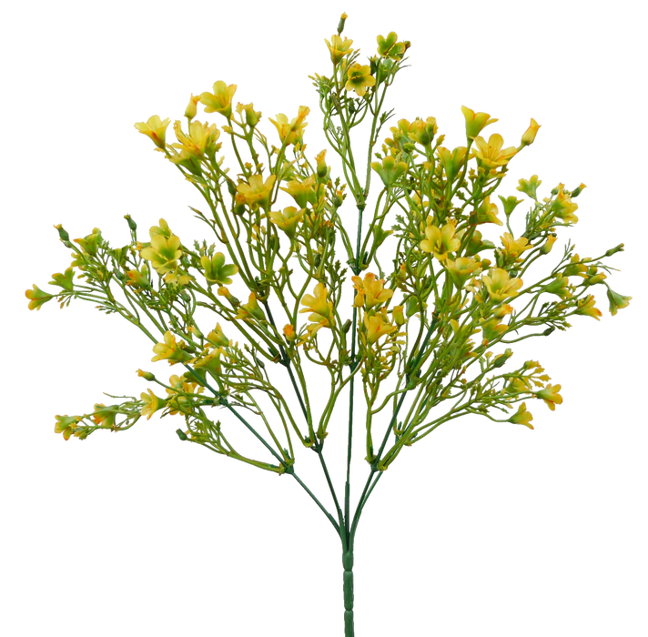 A 14 Yellow Plastic Wax Flower Bush with 5 stems (product code: 13539YW) features a delicate bouquet arranged fan-shaped against a white background.