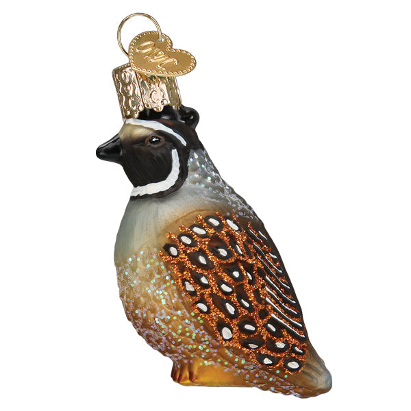 The Quail Ornament by Old World Christmas (16147) features detailed brown, black, and white markings, painted in the shape of a quail bird with a gold cap for easy hanging.