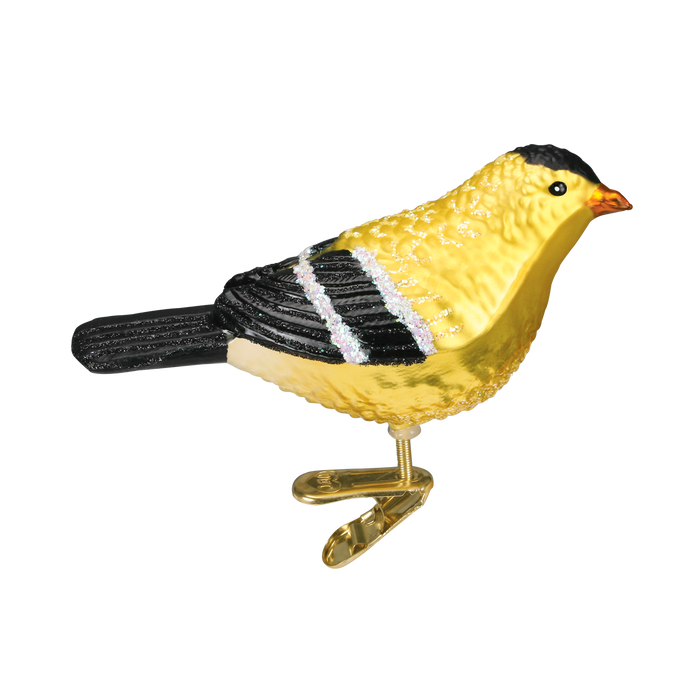 Add a charming touch to your tree with the American Goldfinch Ornament Old World Christmas Ornament 18045, a glittery yellow and black bird ornament with a gold metal clip—perfect for festive holiday décor.
