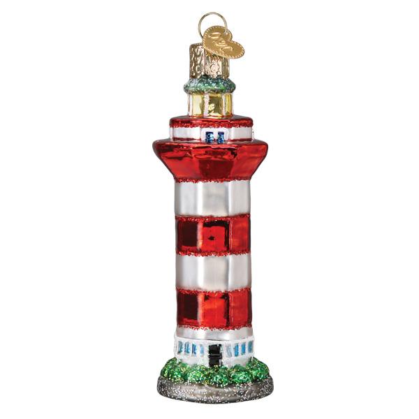 The Hilton Head Lighthouse Old World Christmas Ornament 20127 features hand-painted red and white stripes, green base accents, and a gold loop—perfect for adding festive charm to your Christmas tree.