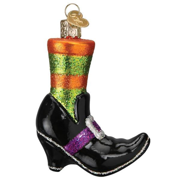 The Witches Shoe Ornament Old World Christmas Ornament 26086 features a shiny black shoe with a purple buckle and green-orange glittery striped sock—perfect for fans of Old World Christmas ornaments.