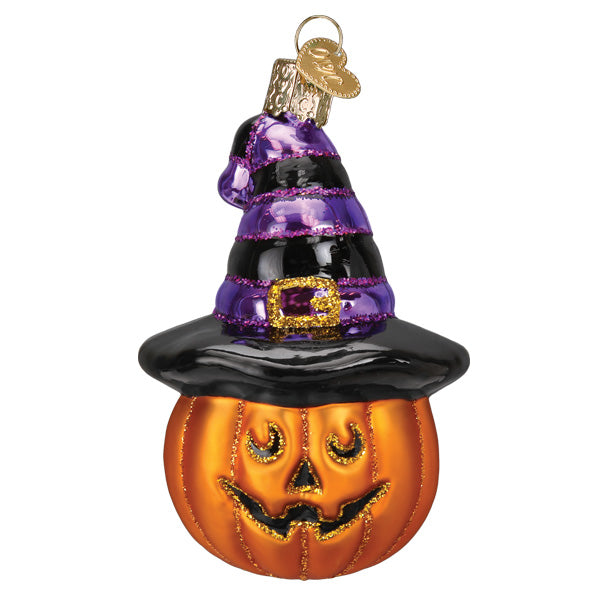 The Witch Pumpkin Ornament by Old World Christmas (26090) features a shiny orange glass pumpkin with a smiling face and a black and purple striped witch hat, ideal for Halloween decoration.