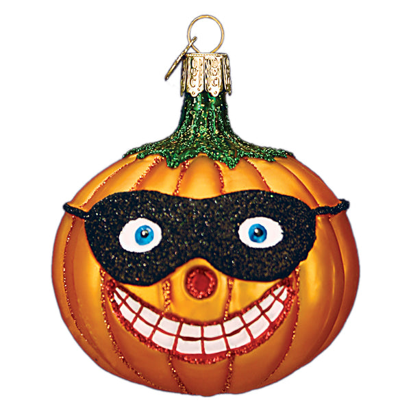 The Masked Jolly Jack Olantern Ornament by Old World Christmas (26092) features a pumpkin with a toothy grin, blue eyes, black glitter superhero mask, metallic cap, and hook—perfect for adding festive flair to your Halloween décor.