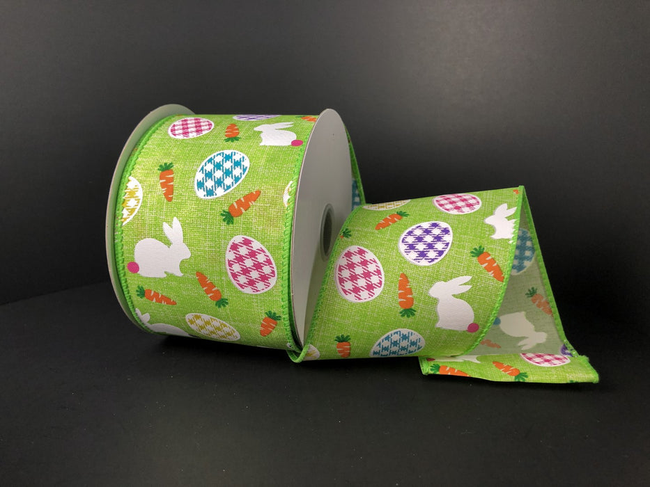2.5"X10Y  Lime Printed Linen/Bunnies With Gingham Eggs Ribbon  31217-40-09