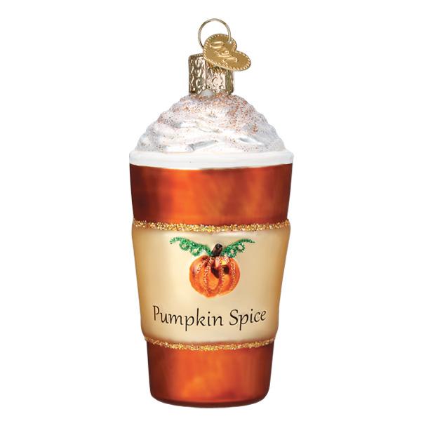 The Pumpkin Spice Latte Old World Christmas Ornament 32478 is shaped like a latte cup, topped with whipped cream, features a pumpkin illustration and "Pumpkin Spice" text—perfectly capturing your favorite cozy autumn coffee.