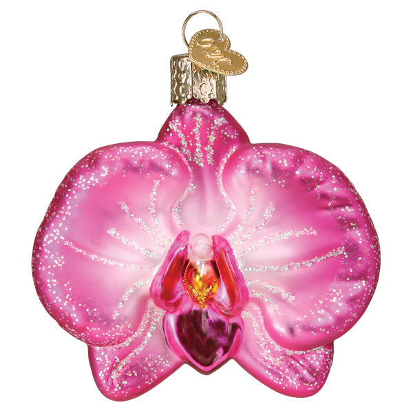 The Orchid Ornament by Old World Christmas (36310) is a shiny pink decoration shaped like an exotic flower, featuring glittery accents and a gold hanging cap.
