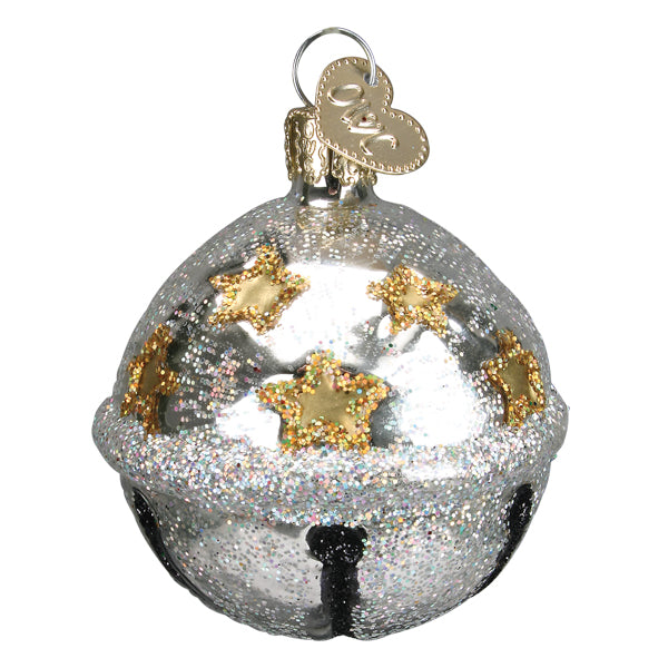 The Silver Jingle Bell Ornament by Old World Christmas (38060) features a classic jingle bell shape, shiny silver finish, gold glittery stars, and a gold hanging loop at the top.