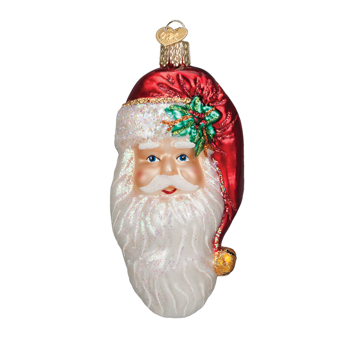 The Nostalgic Santa Old World Christmas Ornament 40256 is a hand-painted glass decoration featuring Santa with a red hat, green holly, glittery white beard, blue eyes, and a gold hanging loop—ideal for festive holiday décor.