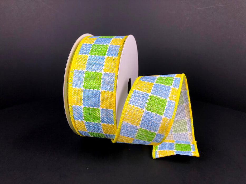 1.5"X10Y  Yellow-Blue-Green Plaid Print Linen Ribbon 41327-09-04