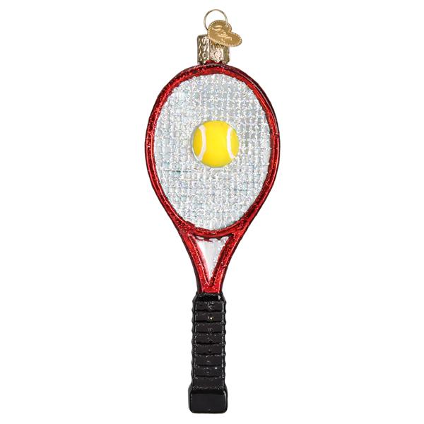 Celebrate your love of tennis with the Red Tennis Racquet Ornament by Old World Christmas (44172), featuring a glittery red racquet, yellow ball center, and gold cap for easy hanging—a perfect festive touch for any tennis fan.
