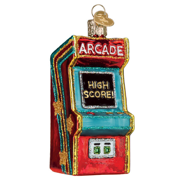 The Arcade Game Ornament by Old World Christmas (44178) features a colorful, glittery retro coin-op machine with “ARCADE” on top, “HIGH SCORE!” on the screen, and red, blue, and gold accents.