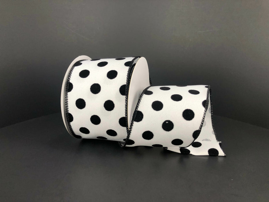 White Satin/Black Flocked Dots, 2.5"X10Y Ribbon 51203-40-21