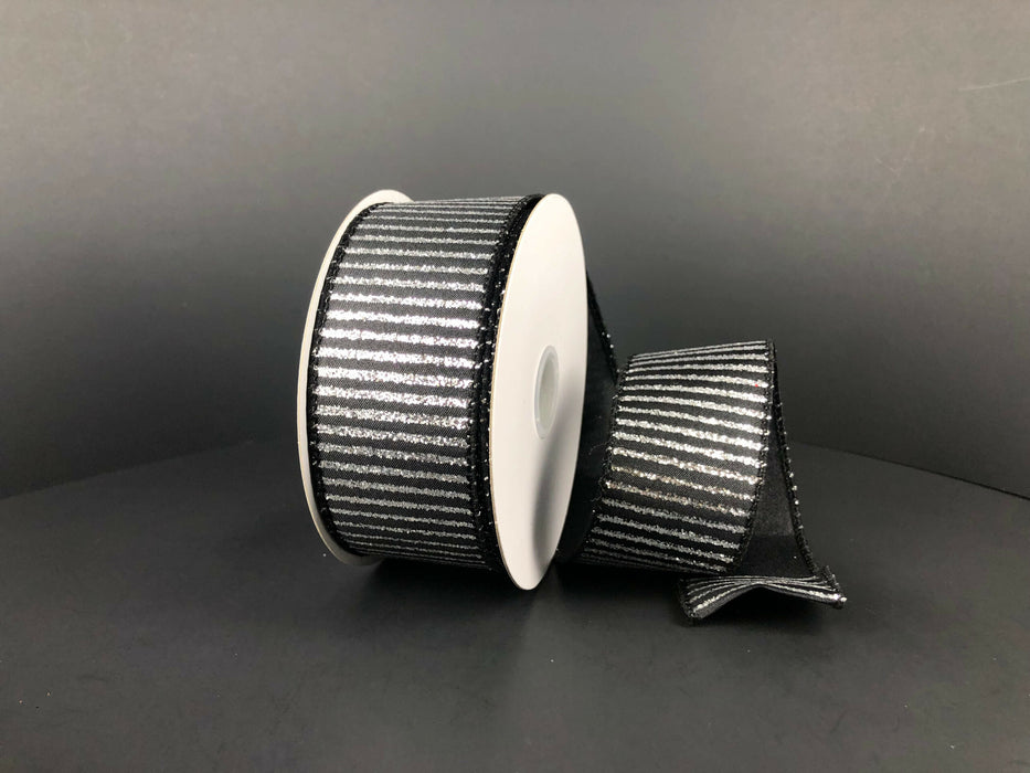 Black Satin/Thin Silver Glitter Horizontal Stripe, 1.5"X10Y Ribbon 51214-09-16