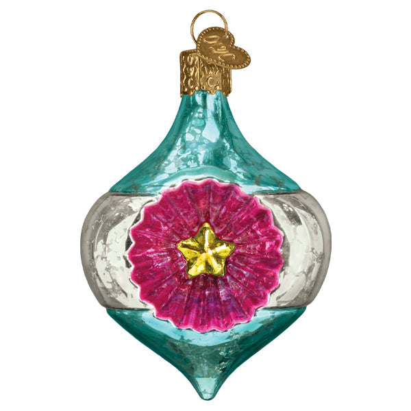 The Gleaming Skylight Reflection Ornament by Old World Christmas (51511) is a teal and silver blown glass piece with a raised pink center, yellow star, and gold hanging cap for a stunning vintage look.