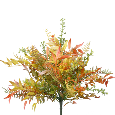 The 16 Fall Mixed Leaf Bush 52604BU9 features a vibrant mix of orange, yellow, and green autumn leaves with small clusters of delicate flowers, creating perfect fall decor.