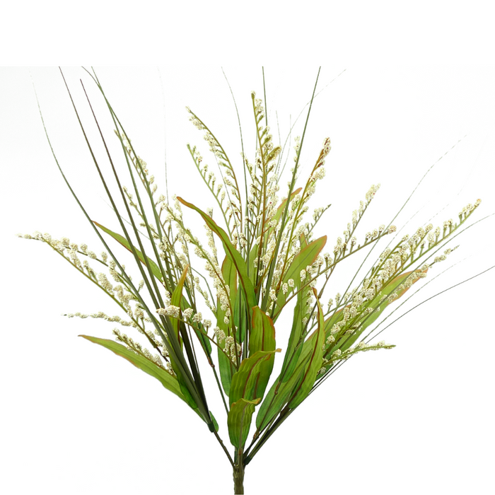 The product 56446Be, a 23-inch Foxtail Bush, features green and beige artificial grass and flowers arranged in a fan shape with small white blossoms on long, slender stems against a plain white background.
