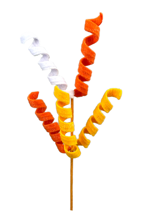 The 16 Halloween Frizzy Curly Pick, item 56699Hal, features spiral-shaped candies with a sugary texture in vibrant yellow, orange, and white hues. These colorful treats are arranged playfully around a stick against a black background.