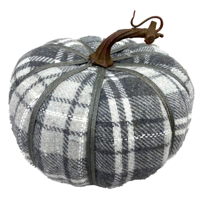 The 5 by 6 Grey and White Fabric Gingham Pumpkin (56704GYWT) features cozy plaid fabric and a twisted brown stem, making it a charming home decoration.