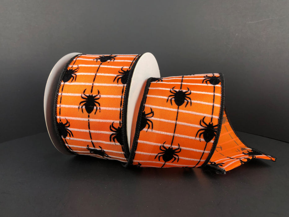 Orange Satin/White Stripe-Black Flocked Spiders, 2.5"X10Y Ribbon 58203-40-19