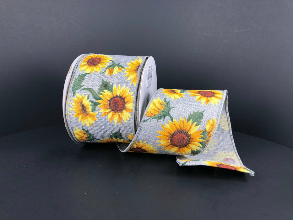 Grey Linen/Sunflower-Green Leaves, 2.5"X10Y Ribbon 61215-40-49