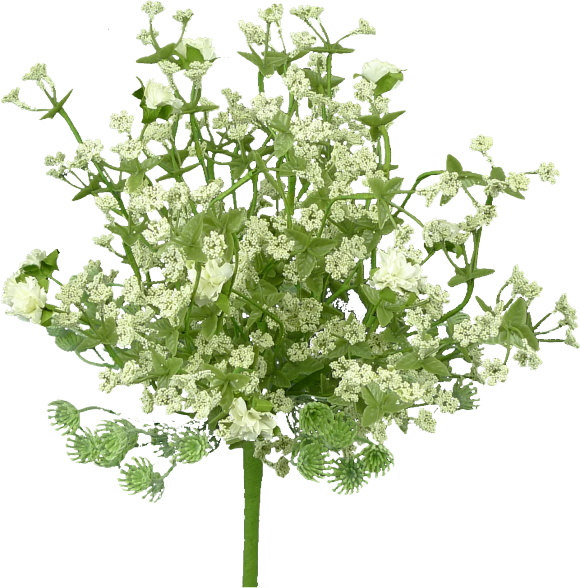The 12 Gypso Bundle 62282BU12 features delicate white flowers with small petals, green stems, and fern-like greenery, creating an airy arrangement reminiscent of babys breath and tiny roses.