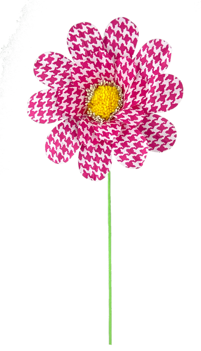 The 24 by 8 Pink Houndstooth Sunflower Spray (63109PK) features a yellow center, white and pink houndstooth petals, and a long green stem set against a black background.