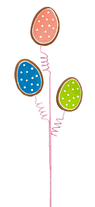 Three vibrant, egg-shaped cookies in orange, blue, and green with white polka dots are attractively arranged on pink spiral sticks. These delightful designs are securely fastened to the 26" Egg Cookie Spray 3 Stems (63144EAS) for a striking visual presentation.